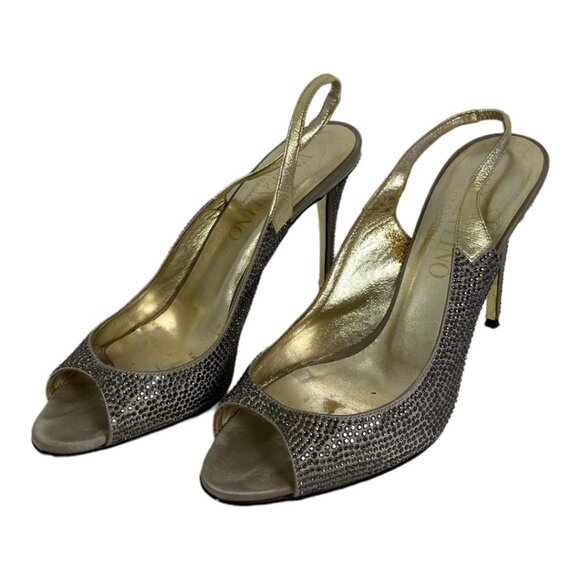 Valentino Gold Sequin Slingback Heels Size 36 or 6 Italy Peep Toe Elastic Band - Picture 4 of 12